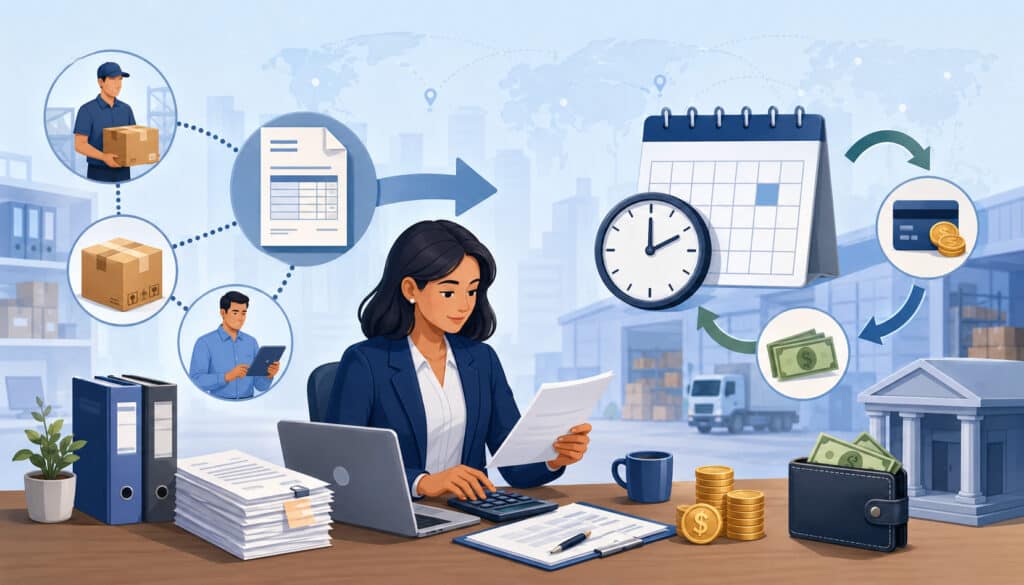Businesswoman reviewing supplier invoices with calendar, clock, payment, and delivery icons