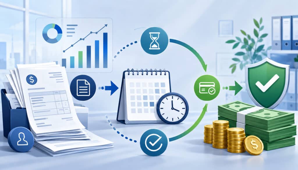 Illustration of invoices, payment processing, calendar, clock, charts, and cash representing Days Sales Outstanding