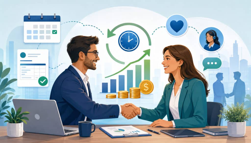 Business professionals shaking hands with payment, invoice, clock, growth, and customer relationship icons