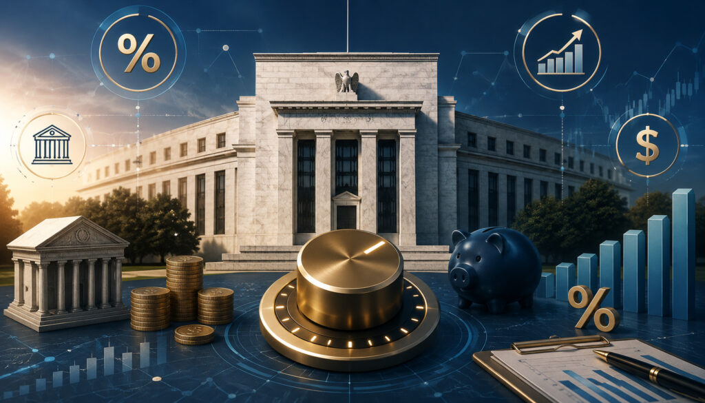 Federal Reserve interest rate control concept with banking and financial icons