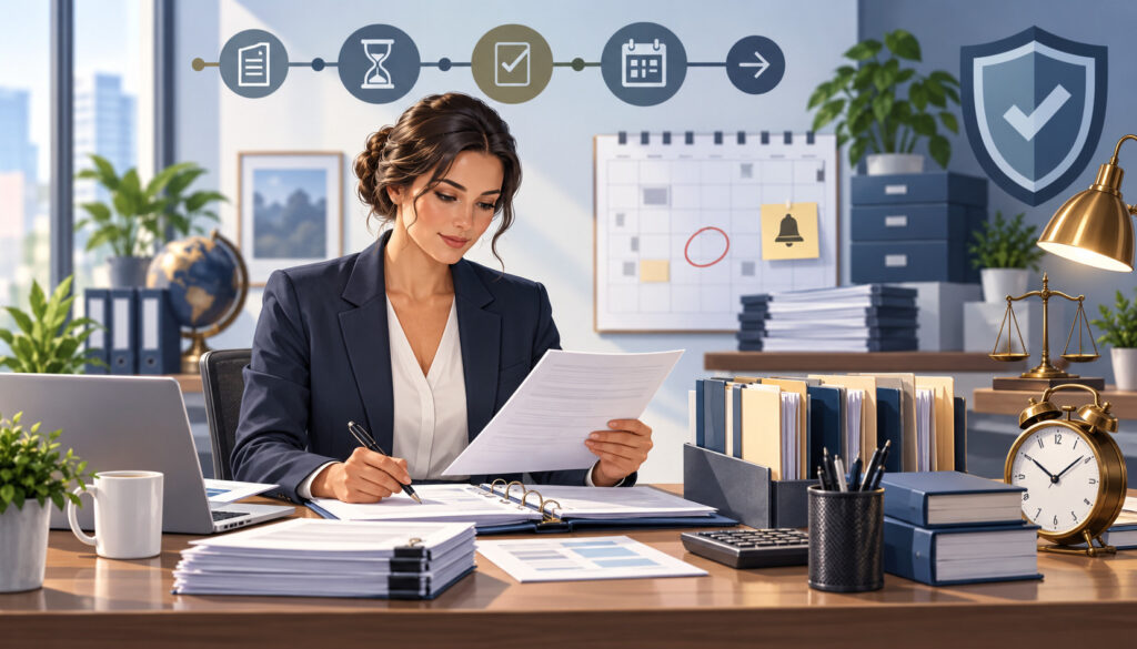 Business professional reviewing dormancy periods and holder compliance records