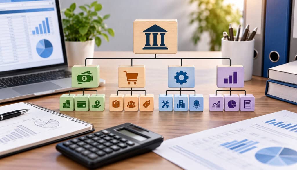 GL structure hierarchy with accounting categories and financial icons