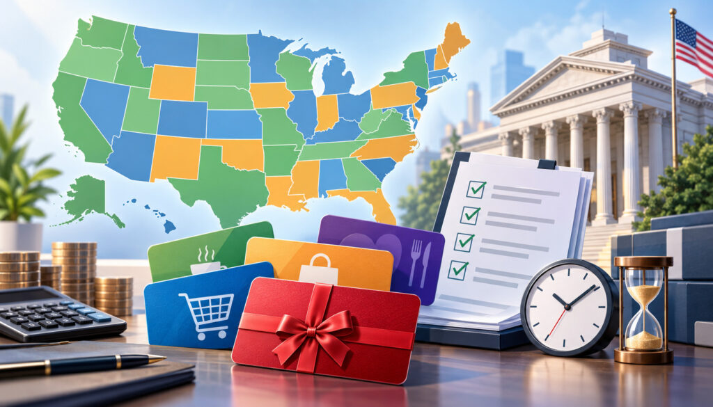 Gift cards, state map, and compliance reporting symbols for unclaimed property rules